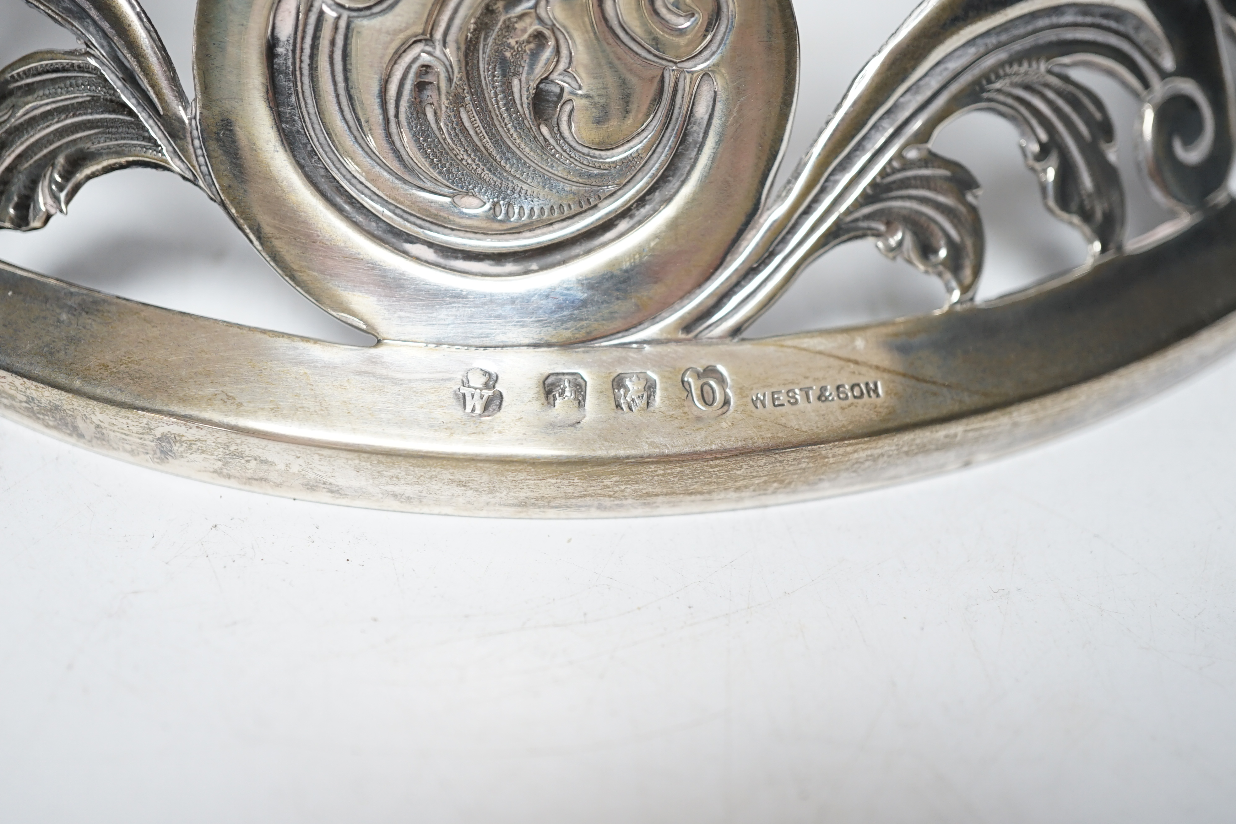 A George V Irish silver dish ring, West & Son, Dublin, 1917, top diameter 18.2cm, 9.8oz.